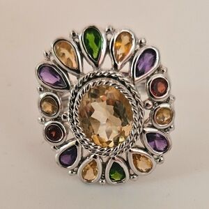 Vtg Amethyst Garnet Citrine Tourmaline 925 Sterling Silver Cocktail Ring size 6